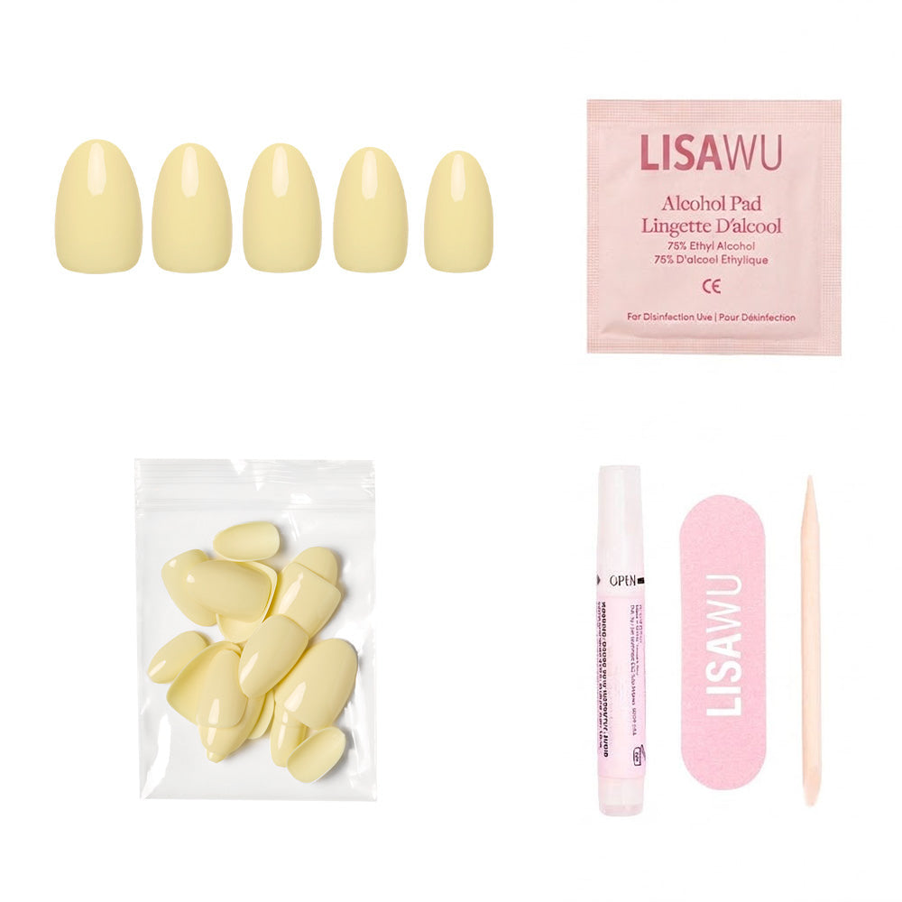 Pastel yellow press-on nails with a soft matte finish displayed on a clean white background