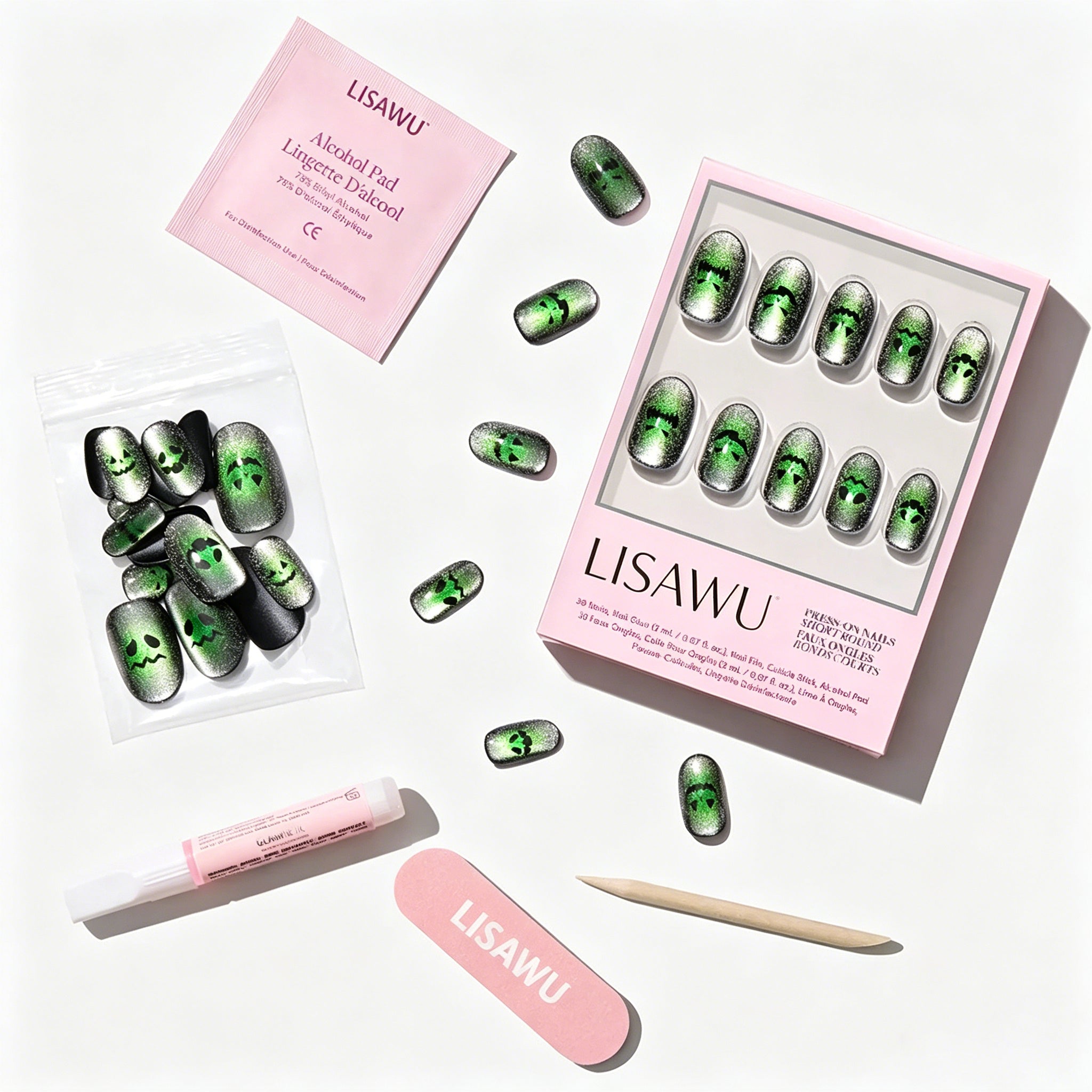 Peek-o’-Lantern press-on nails in green shade