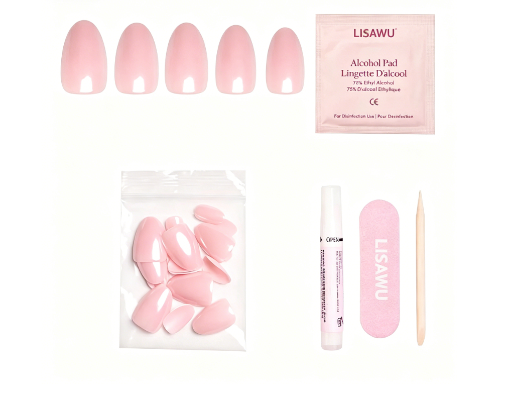 Pinch Me press-on nails in soft pink almond shape displayed on white background, stylish and natural nail set