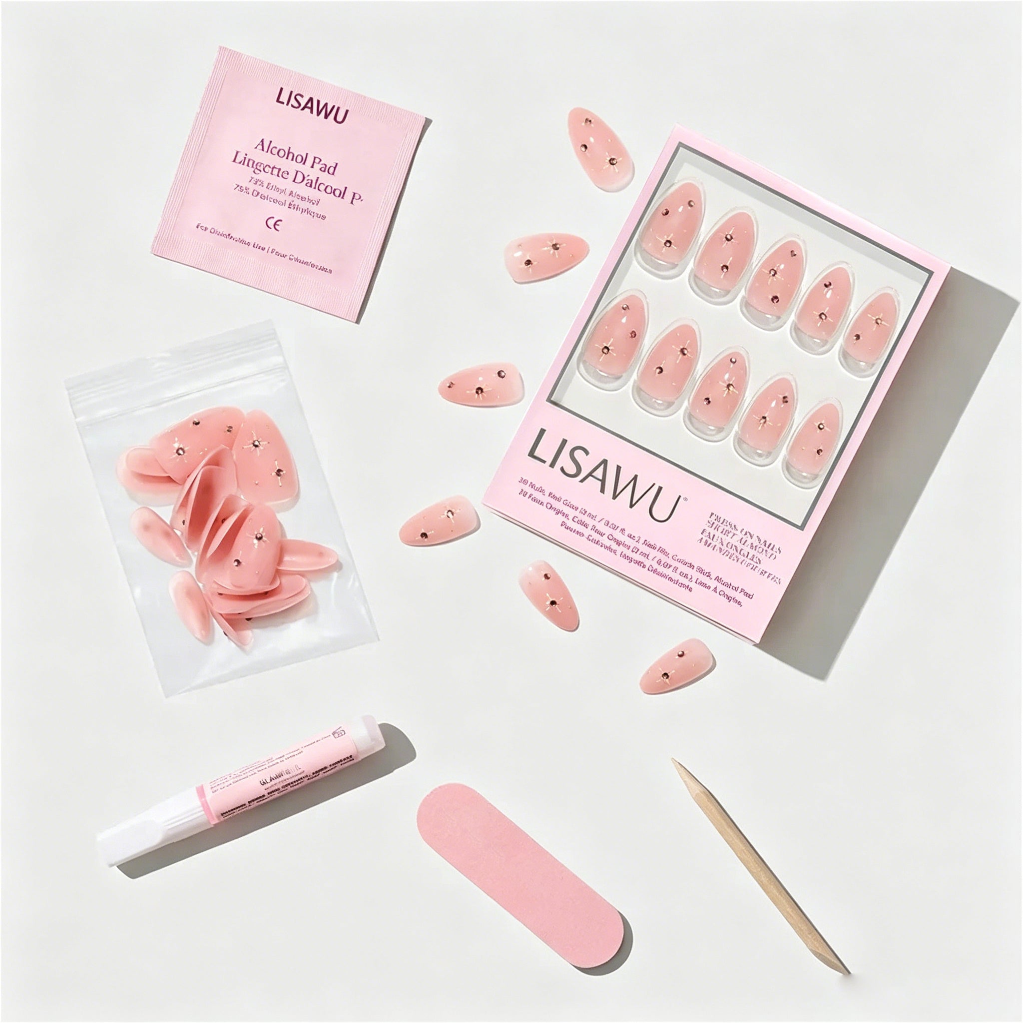 Pink Comet press-on nails with glossy finish