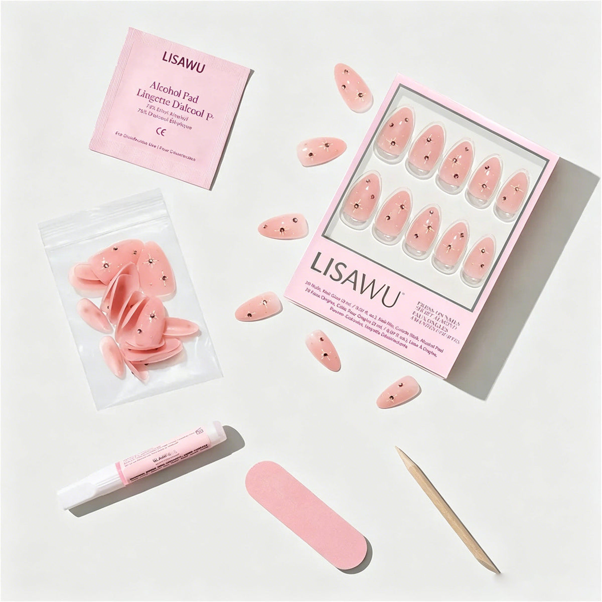 Pink Comet press-on nails with glossy finish