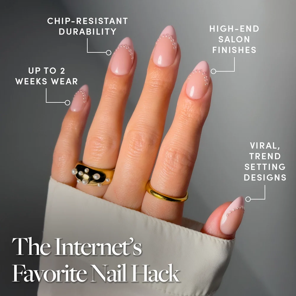 Pink Me Up press-on nails featuring soft pink almond-shaped nails in a stylish nail set perfect for everyday wear