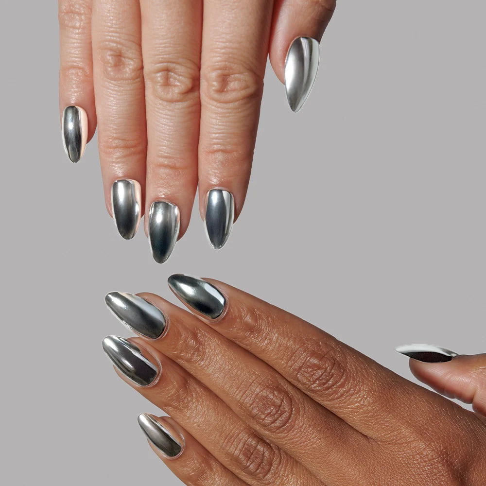 Platinum press-on nail design - metallic chrome style detail