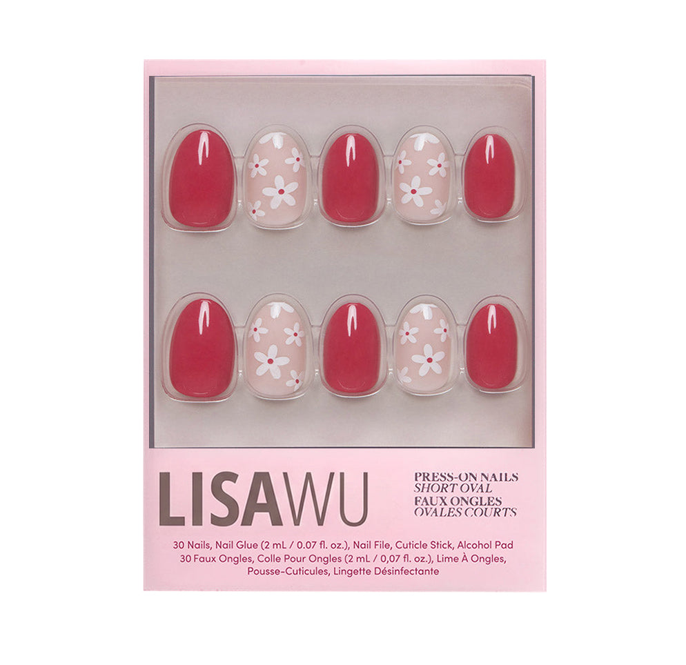 Red Blossom press-on nails in white shade