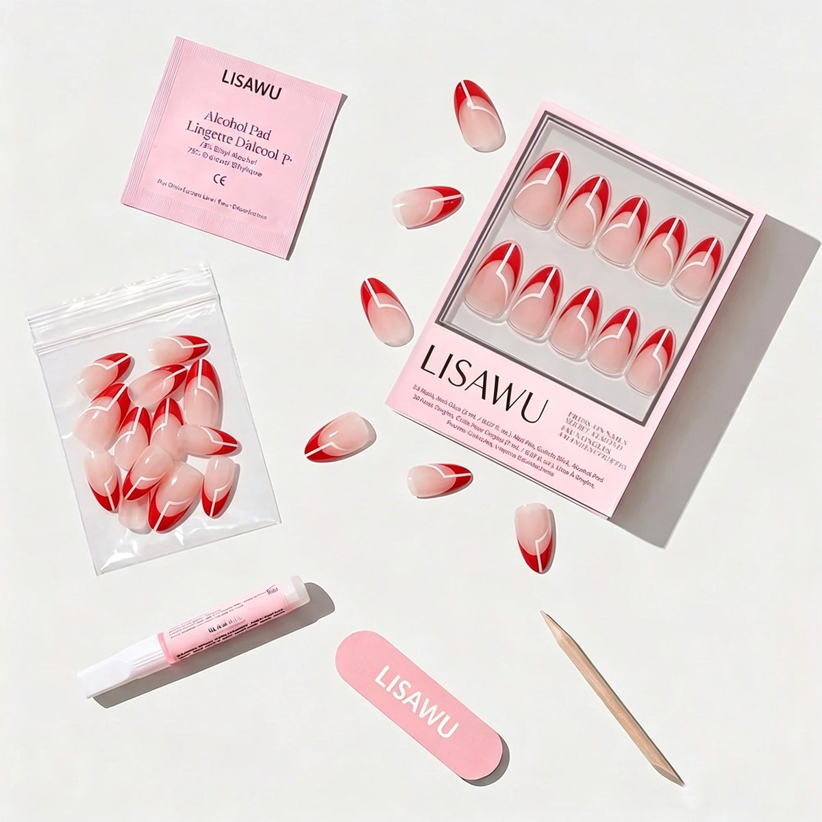 Red Martini press-on nails - almond shape, short length