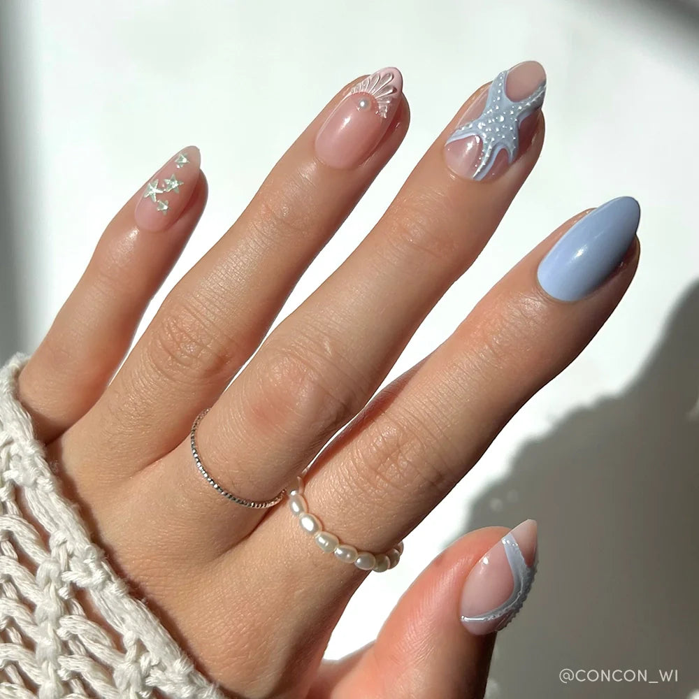 Salty Waves press-on nails in blue shade
