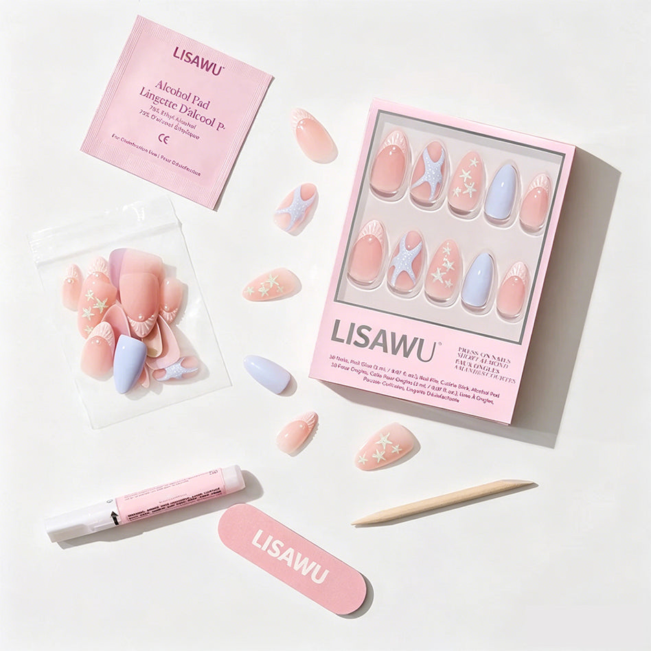 Salty Waves press-on nails - almond shape, short length