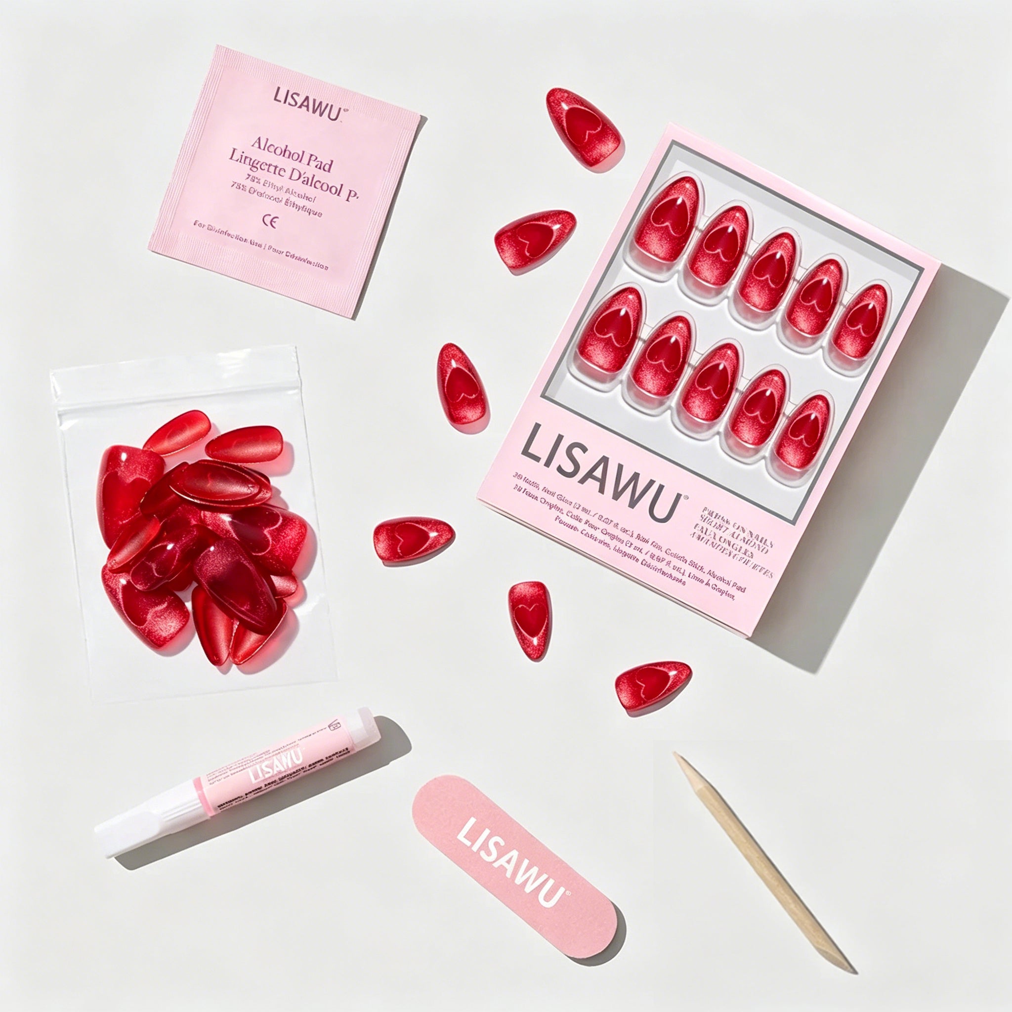 Sent with Love press-on nails featuring elegant heart designs in soft pink matte finish, perfect for romantic nail sets