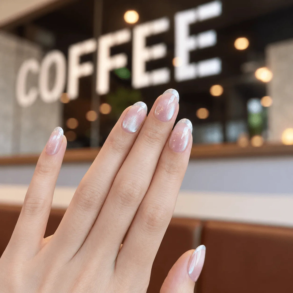 LISAWU Silver Crescent short oval press-on nails with luminous silver-inspired details for a polished statement manicure.