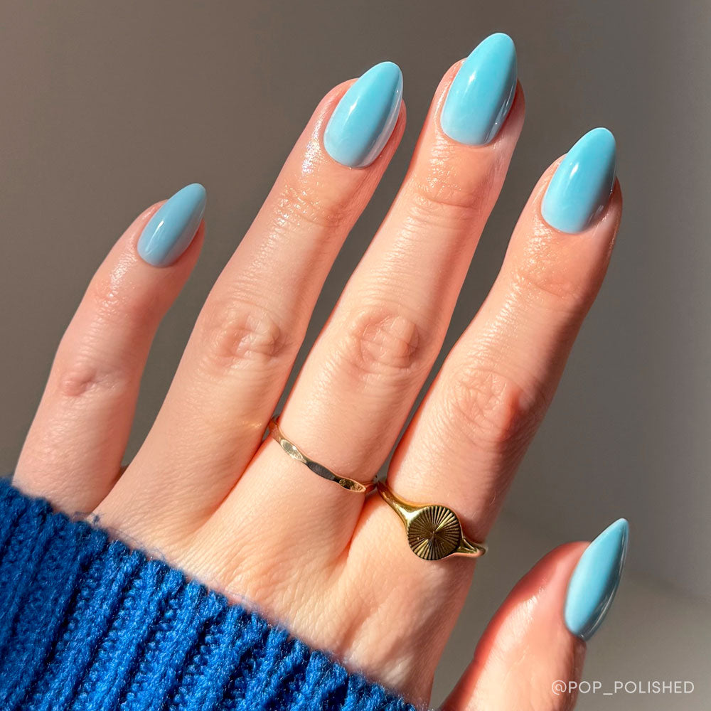 Soft Blue press-on nails in soft pastel blue shade with rounded shape, stylish nail set perfect for everyday wear