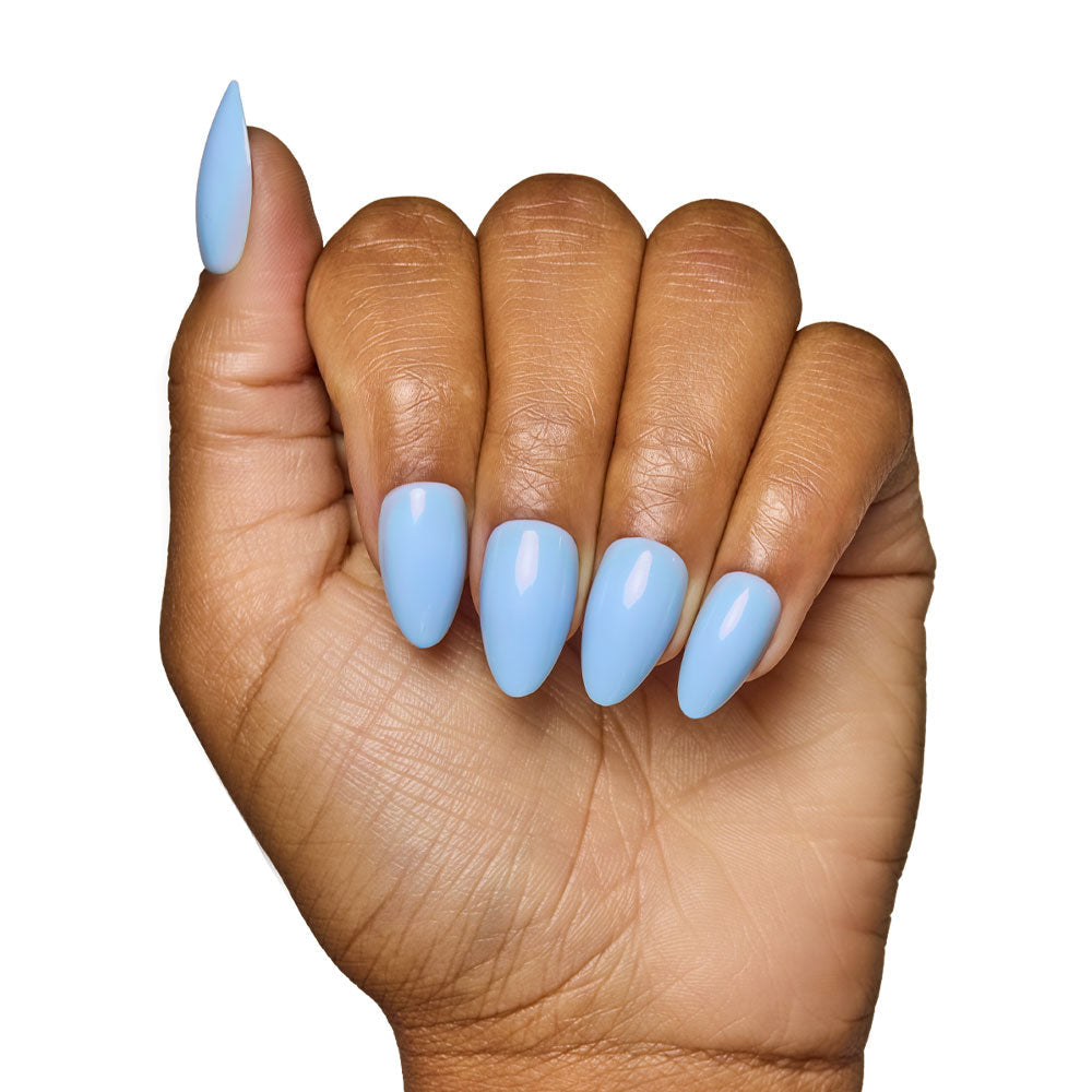 Soft Blue press-on nails in a soft pastel blue shade showcasing elegant almond nail shape style