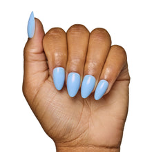 Soft Blue press-on nails in a soft pastel blue shade showcasing elegant almond nail shape style