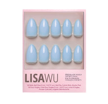 Soft Blue press-on nails with smooth pastel blue finish in a natural oval shape on clear nail tips