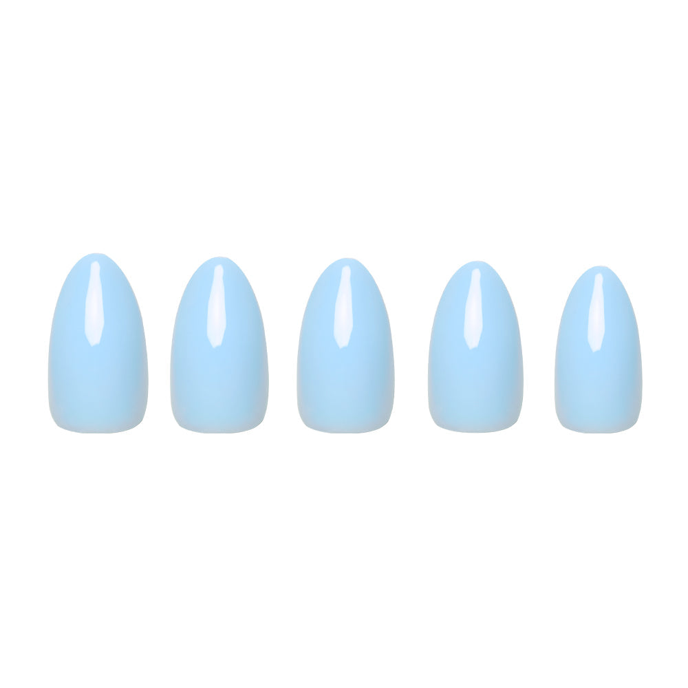Soft Blue press-on nails with smooth oval shape in soft pastel blue color for elegant nail set display