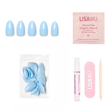 Soft Blue press-on nails with smooth finish and natural oval shape on white background display