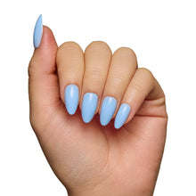 Soft Blue press-on nails featuring a soft pastel blue color in a glossy finish nail set display