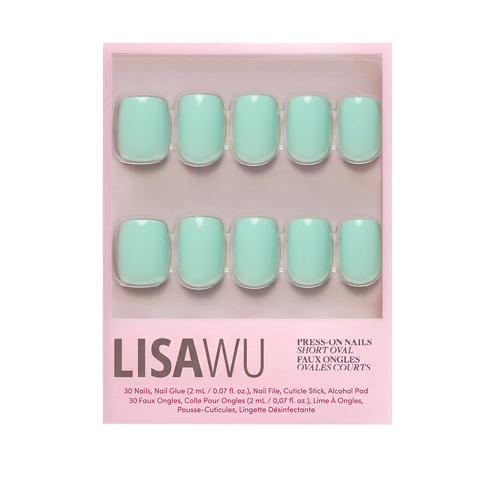 Soft teal press-on nails in a glossy finish showcasing elegant style and natural almond shape