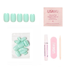 Soft teal press-on nails in a smooth matte finish showcasing elegant, minimalist nail style