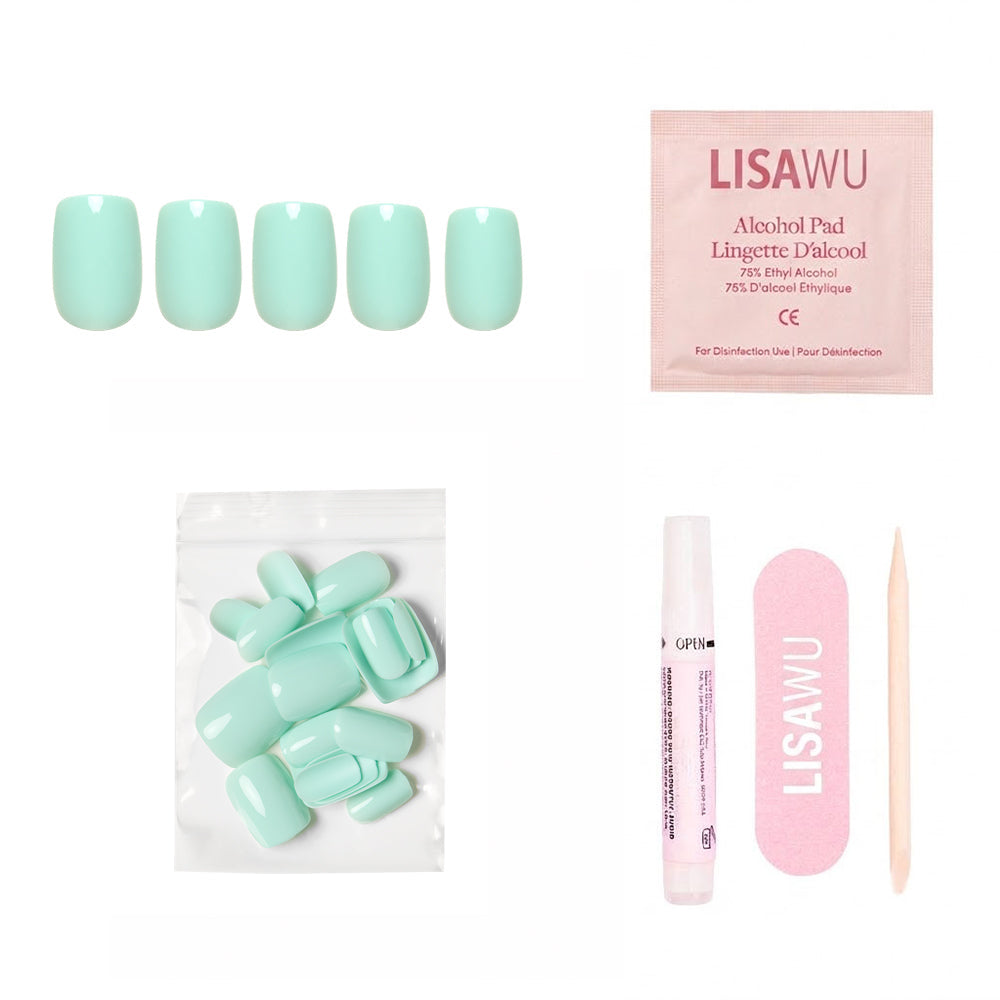 Soft teal press-on nails in a smooth matte finish showcasing elegant, minimalist nail style
