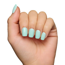 Soft teal press-on nails set featuring smooth matte finish and rounded shape perfect for everyday wear