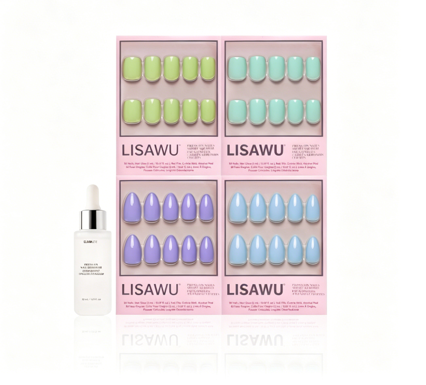 Spring Day press-on nails in pastel floral design with medium coffin shape displayed on nail menu