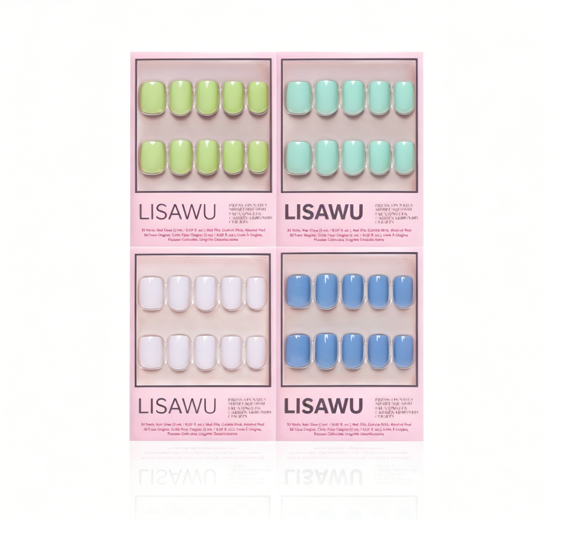 Spring Showers press-on nails with pastel blue and white raindrop design spring rain theme nail set