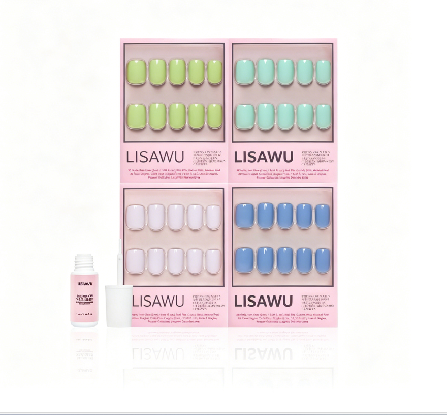 Spring Showers press-on nails featuring pastel blue raindrop nail art in almond shape ideal for spring manicure