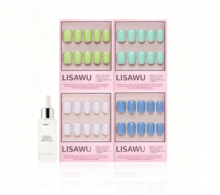 Spring Showers press-on nail set with pastel blue and white floral spring design on medium almond nails