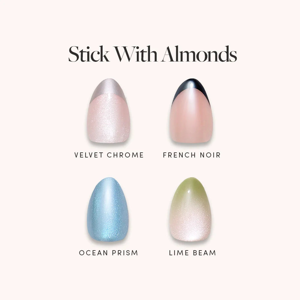 Stick With Almonds, press-on nails, almond shape, menu display, 2026 03 Quickpressbundles Stickwithalmonds Nailmenu