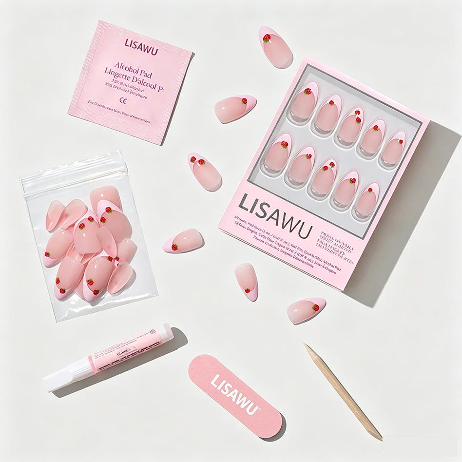Strawberry Bits press-on nails with glossy finish