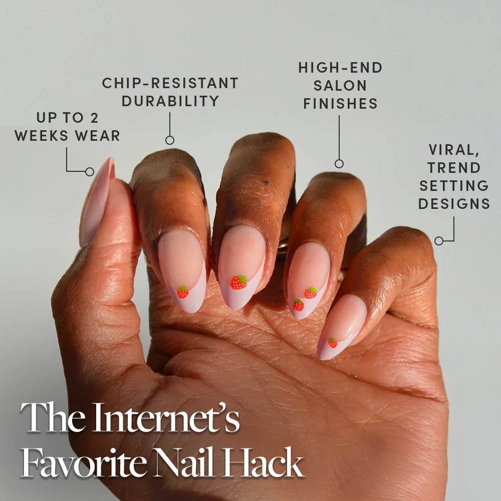Strawberry Bits press-on nails - almond shape, short length