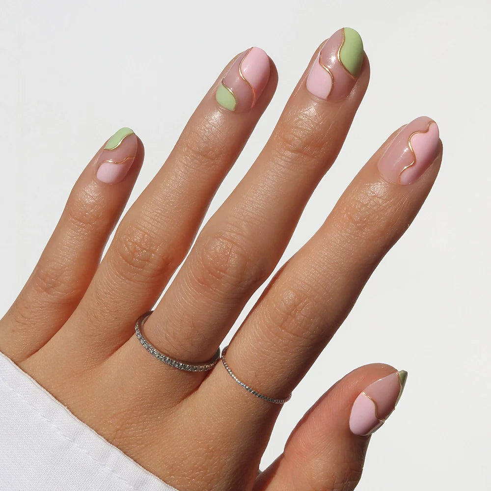 Strawberry Matcha press-on nails in green shade
