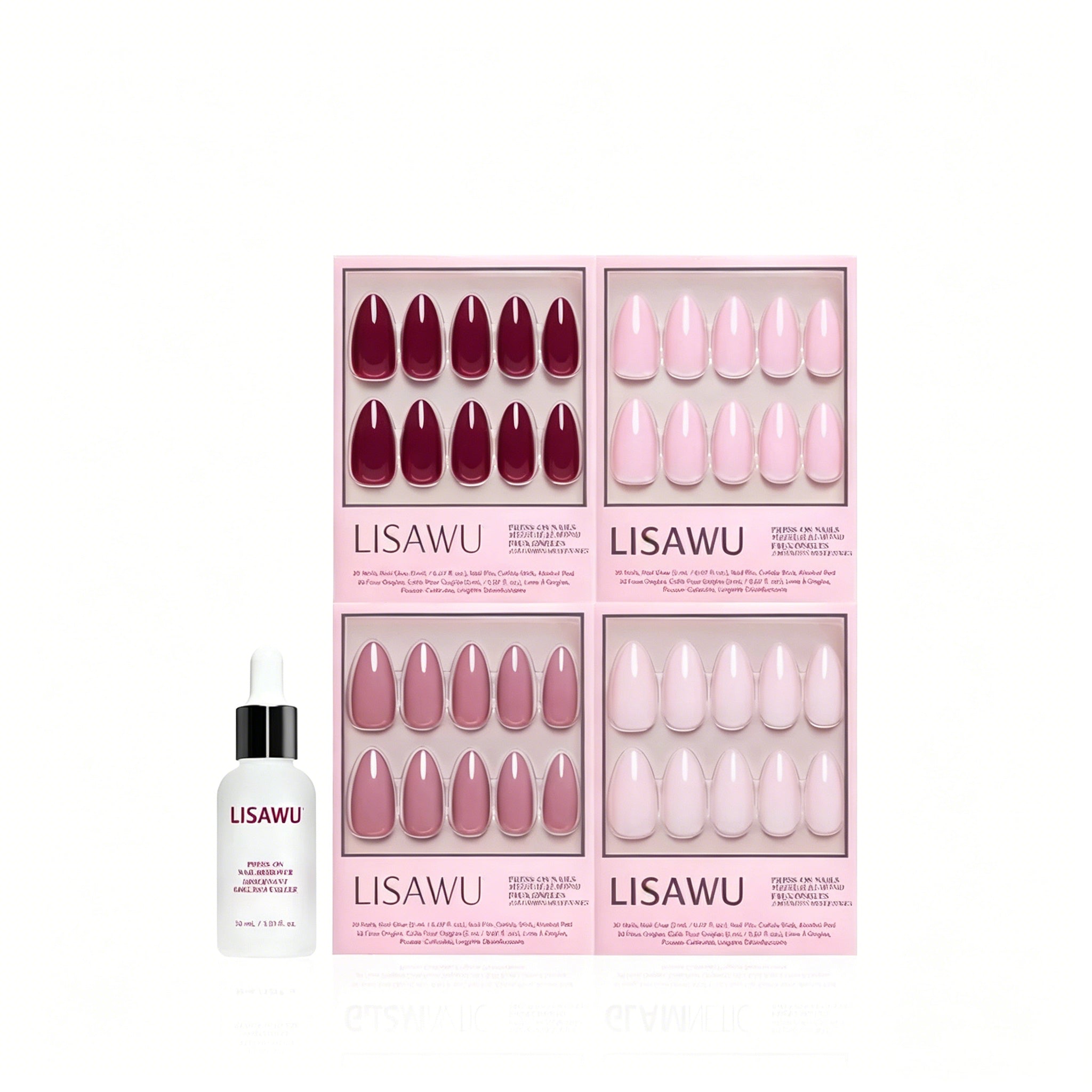 The Pink Medium Almond Icons press-on nails with glossy finish