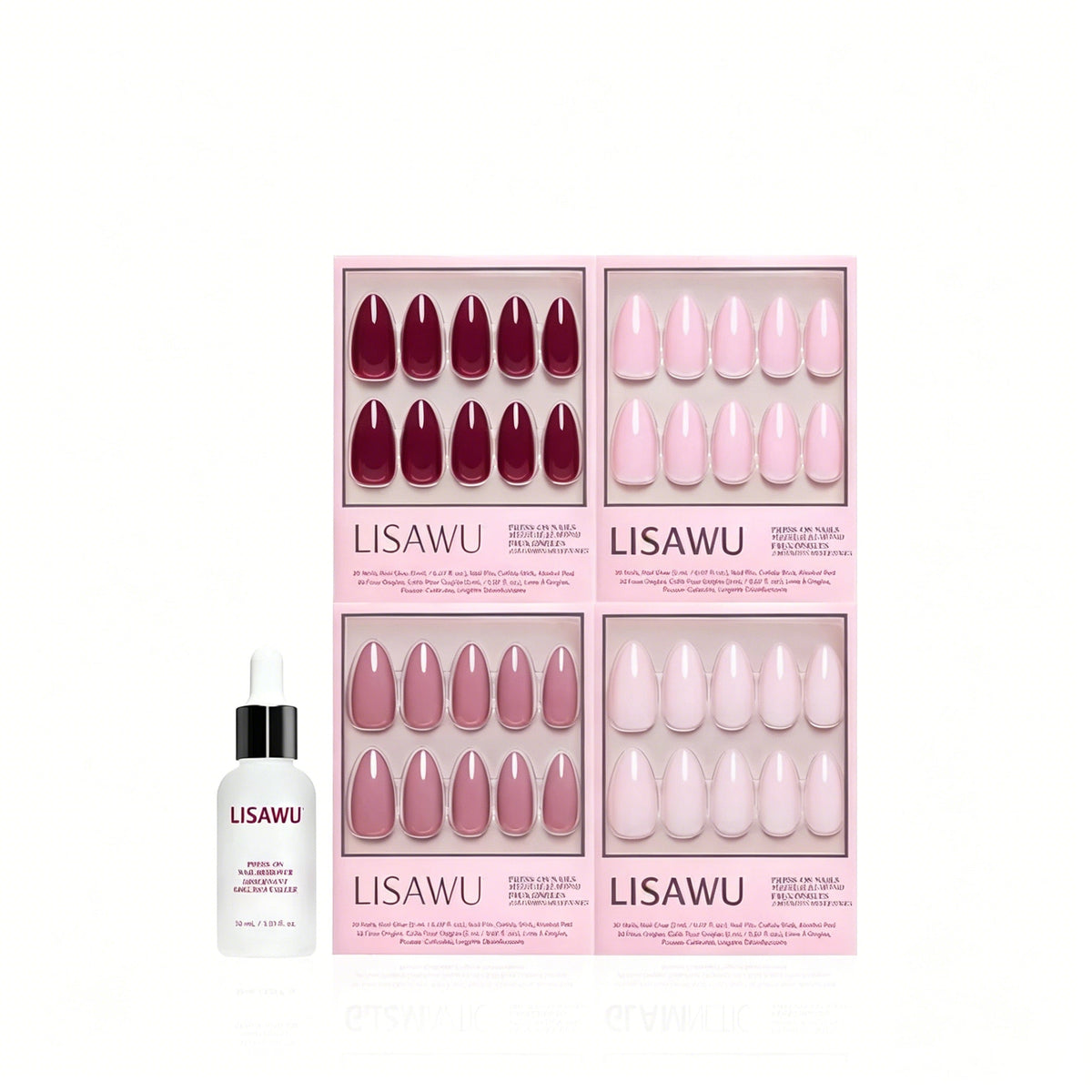 The Pink Medium Almond Icons press-on nails with glossy finish