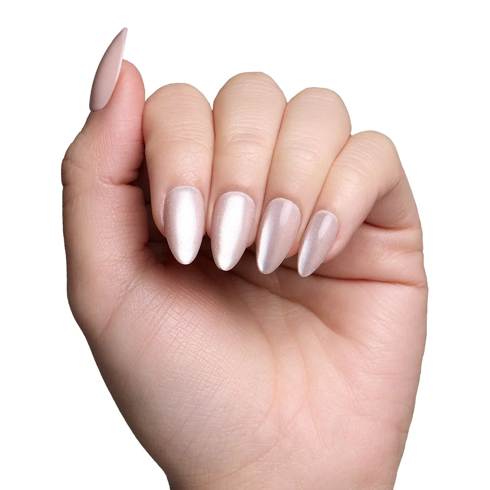 The Vow press-on nails elegant neutral tone almond shape stylish nail set display