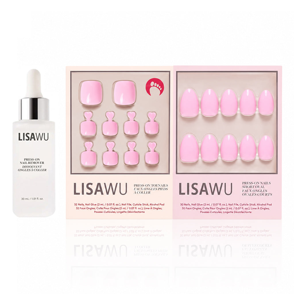 Think Pink Mani Pedi press-on nails - natural shape, short length