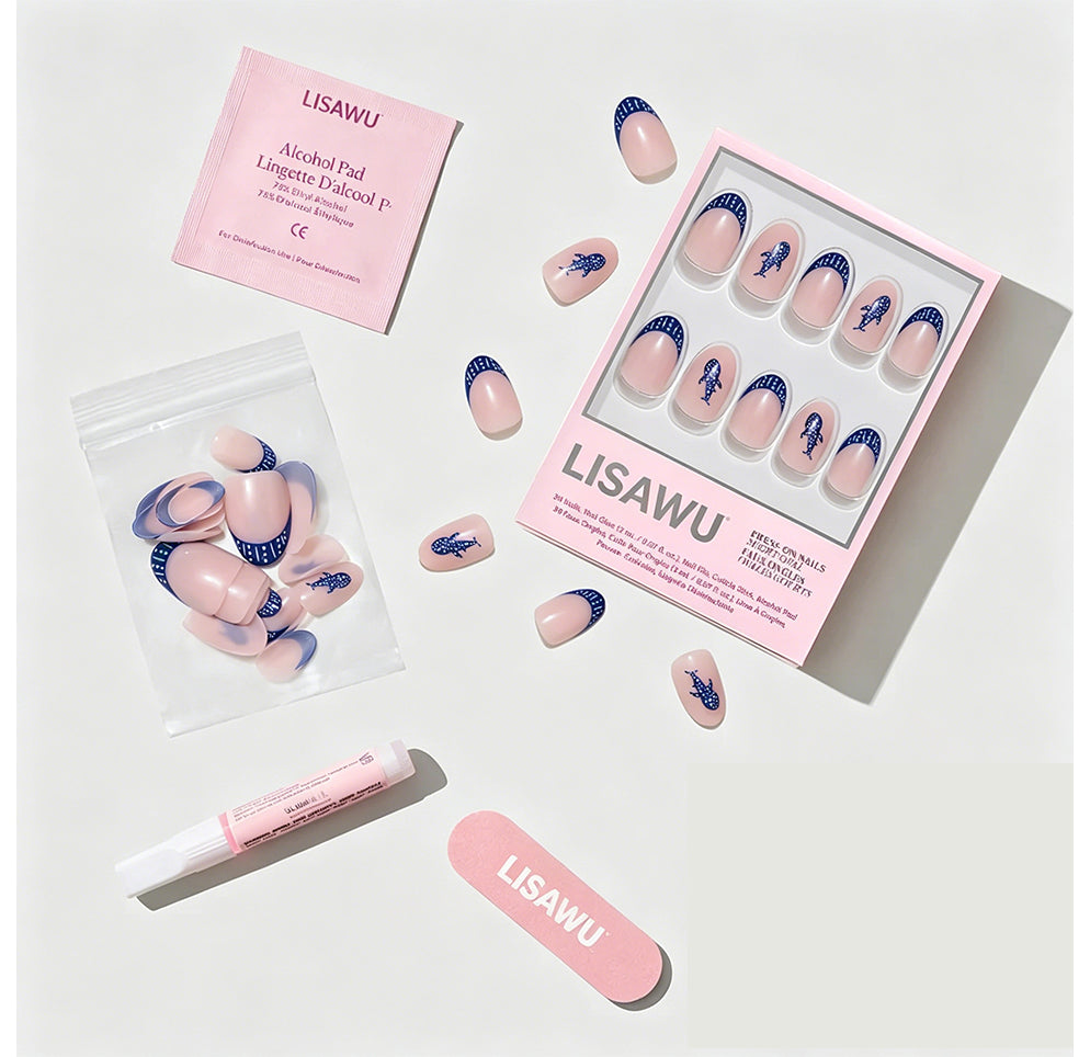 Whale Waves press-on nails - oval shape, short length